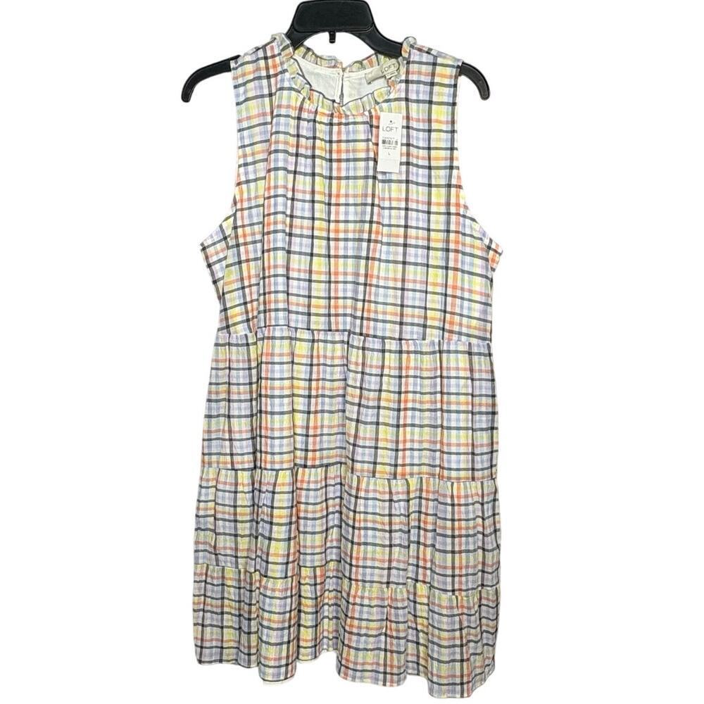 Loft Gingham Ruffle Multicolored A Line Summer Pocket Tiered Dress Large New